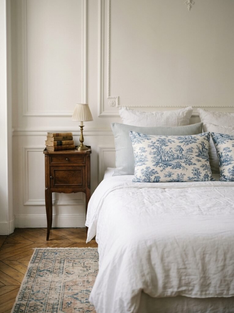Blue toile and ticking stripe pillows on a Parisian bed
