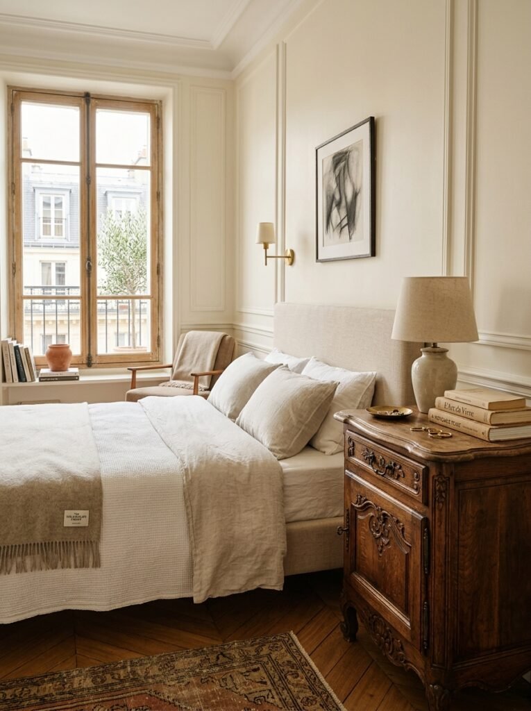 Antique carved nightstand beside a modern bed in a Parisian bedroom