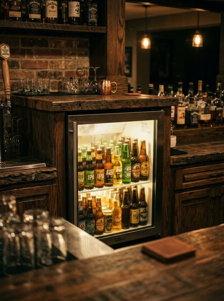 Glass-front beverage fridge built into a basement bar