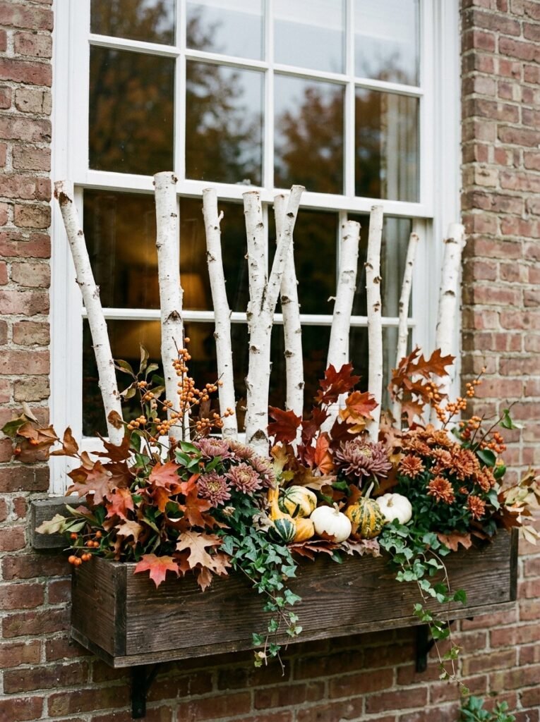 Rustic autumn planter setup using natural white birch logs placed vertically among autumn flowers.