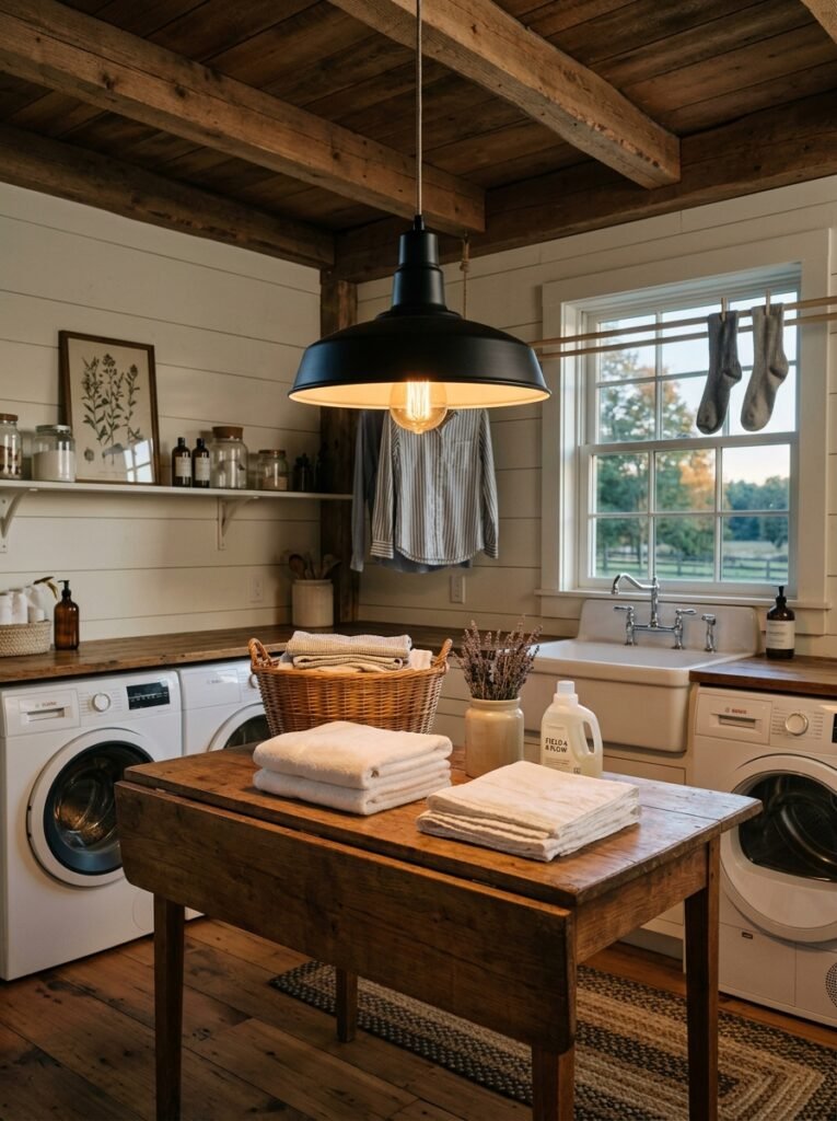 Black barn-style pendant light in a farmhouse laundry room