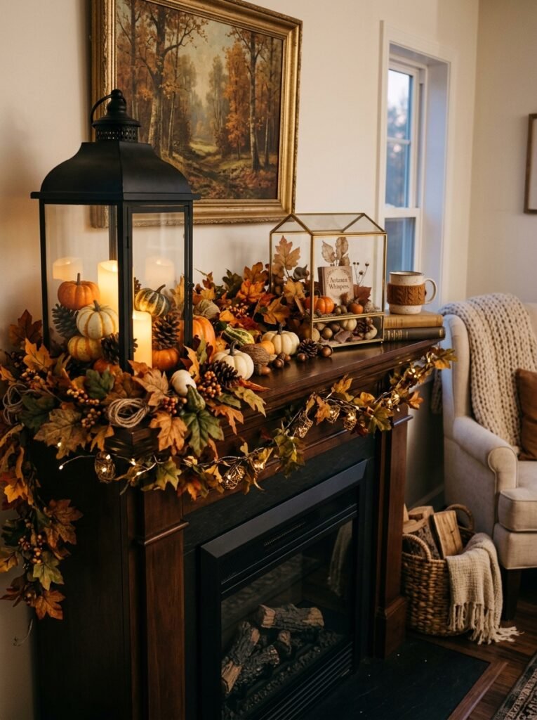 black lantern with pumpkins 