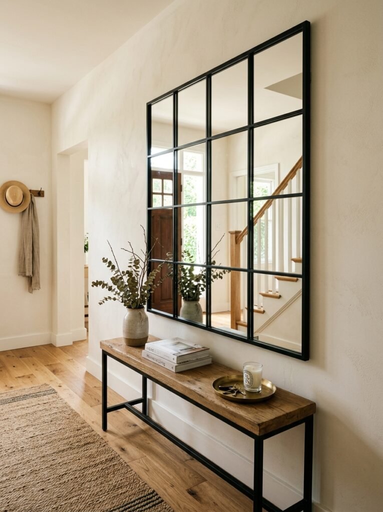Black windowpane mirror on an entryway wall