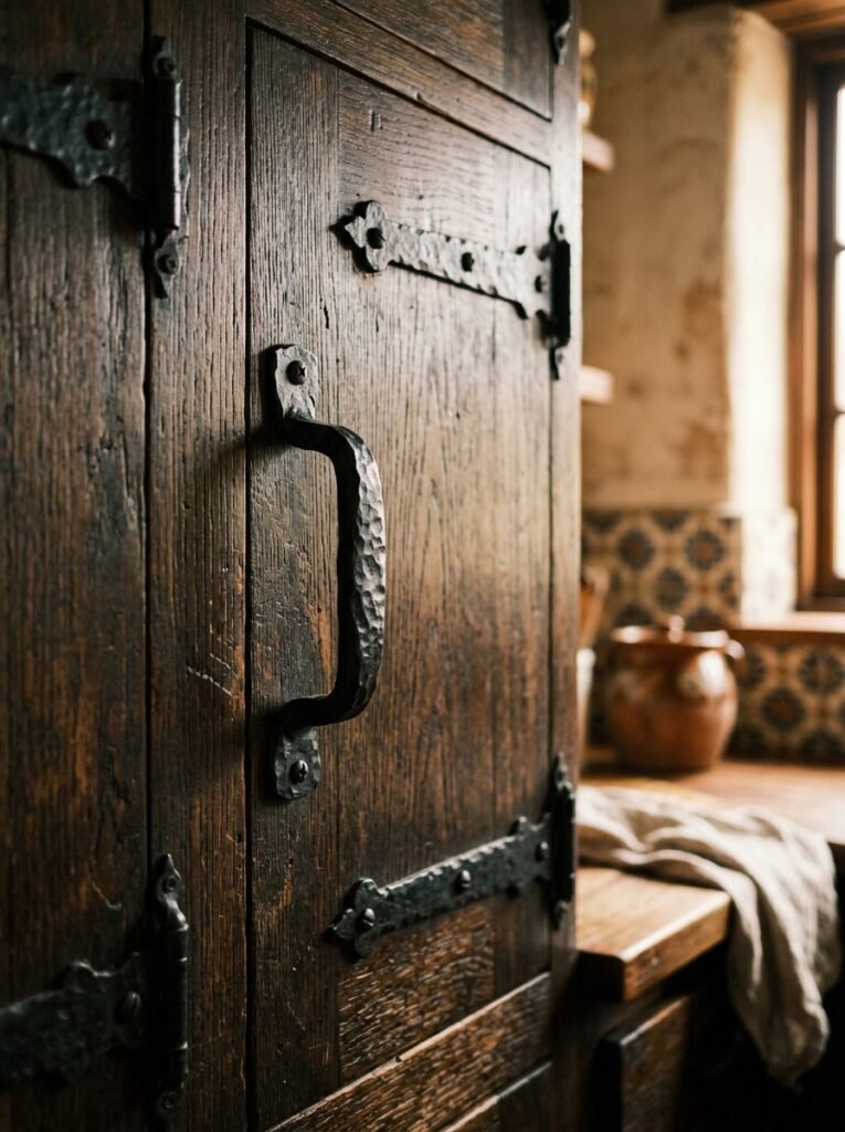 Black wrought iron pulls on dark wood kitchen cabinets