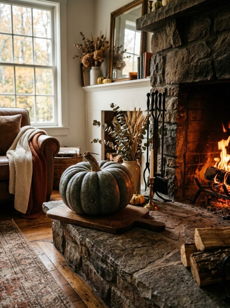 blue gray pumpkin on hearth 