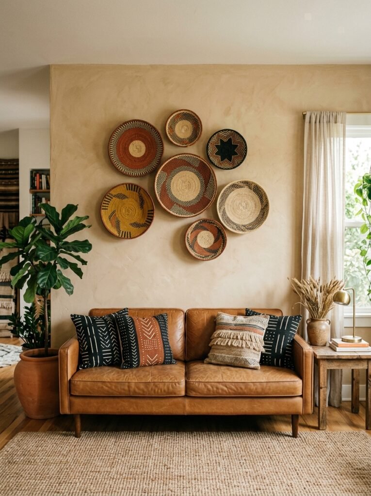 Wall of colorful woven Bolga baskets above a sofa in an afrohemian living room