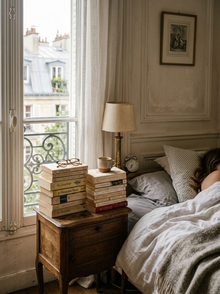 Casual book stacks on a nightstand in a Parisian bedroom