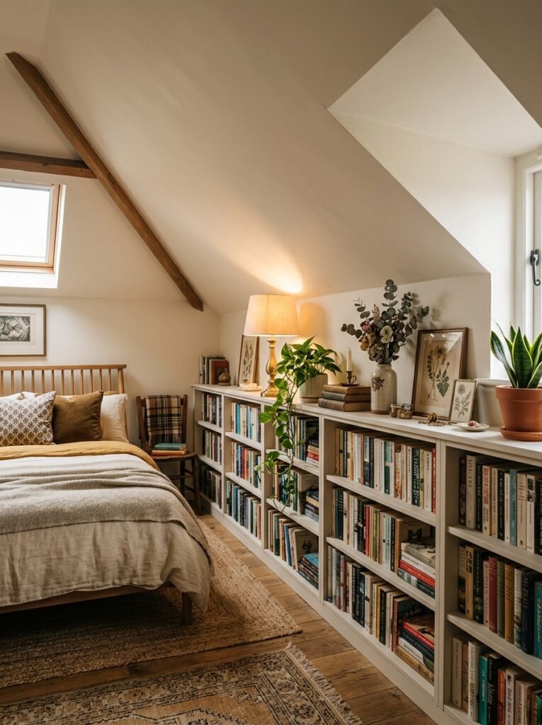 20 Sloped Ceiling Bedroom Ideas That Are Charming bookcases in sloped bedroom