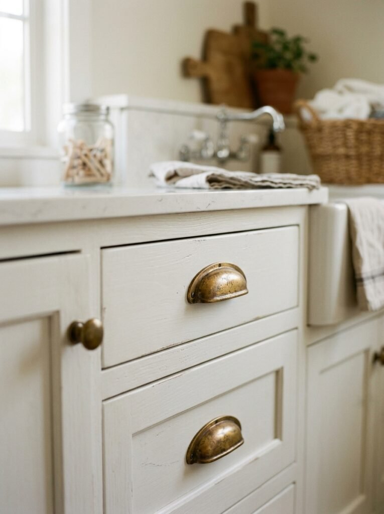 Unlacquered brass pulls on white laundry room cabinets