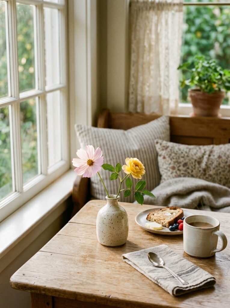 breakfast nook table with flower vase 202607061851