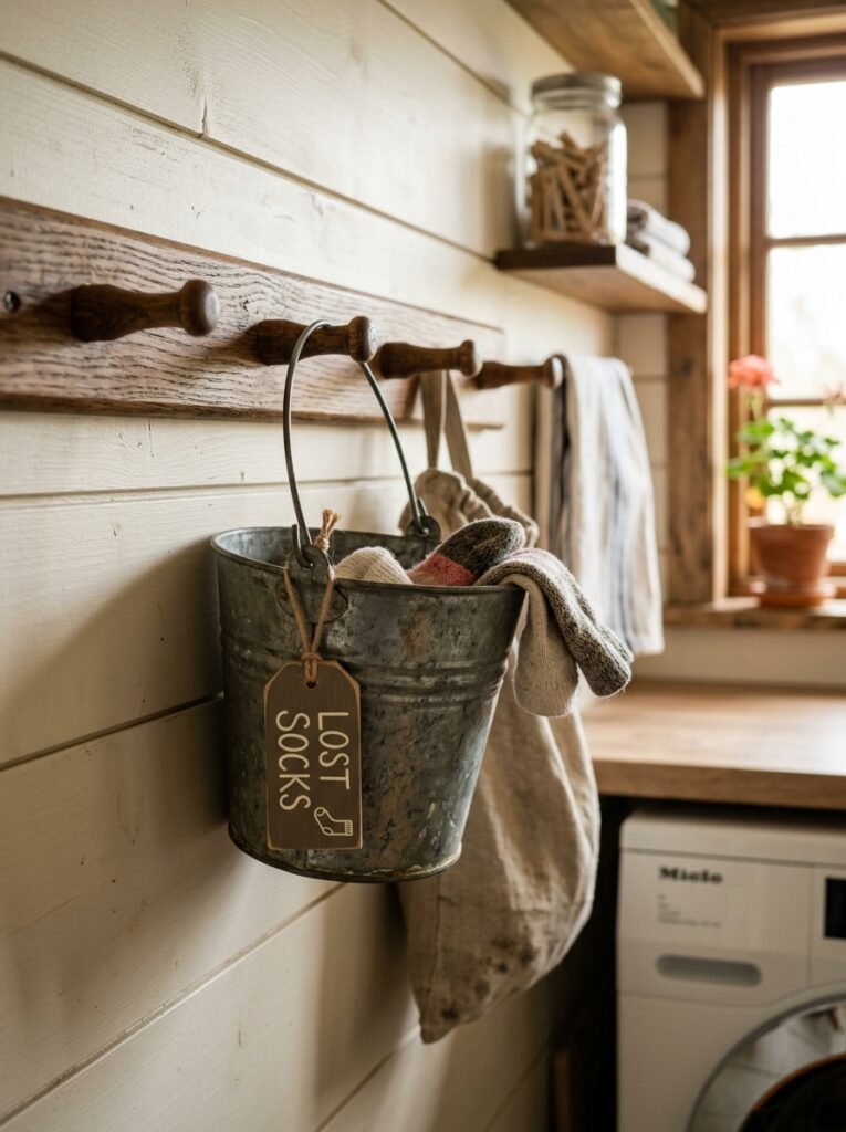 Galvanized lost sock bucket hanging from a peg rail