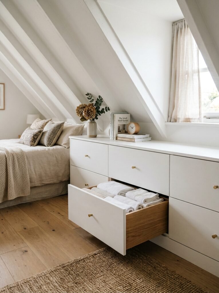 20 Sloped Ceiling Bedroom Ideas That Are Charming built in drawers in attic bedroom