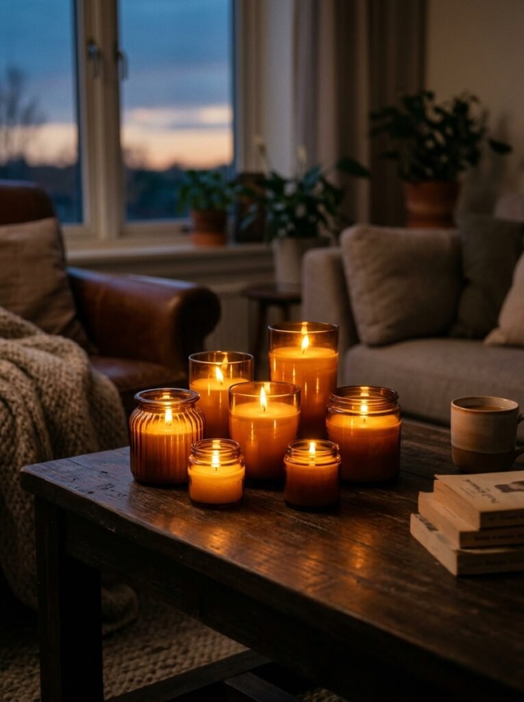Amber glass candles glowing on a coffee table at dusk