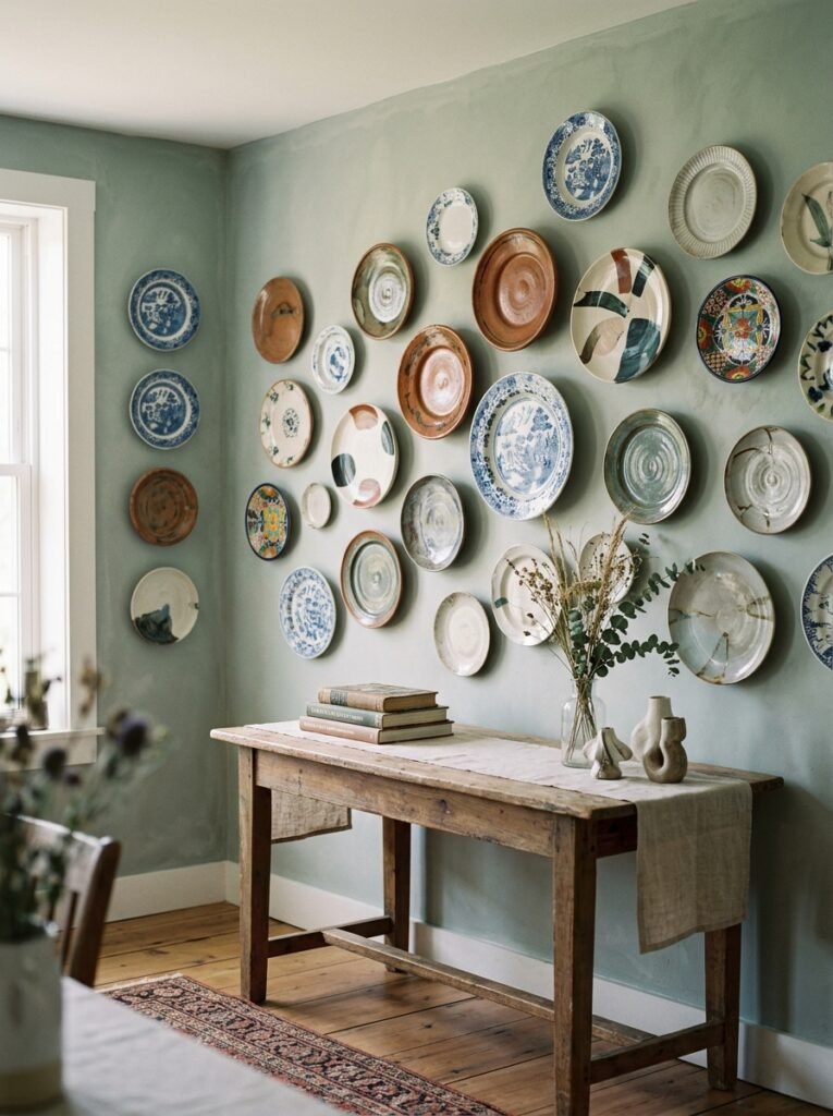 ceramic plate collection on walls 