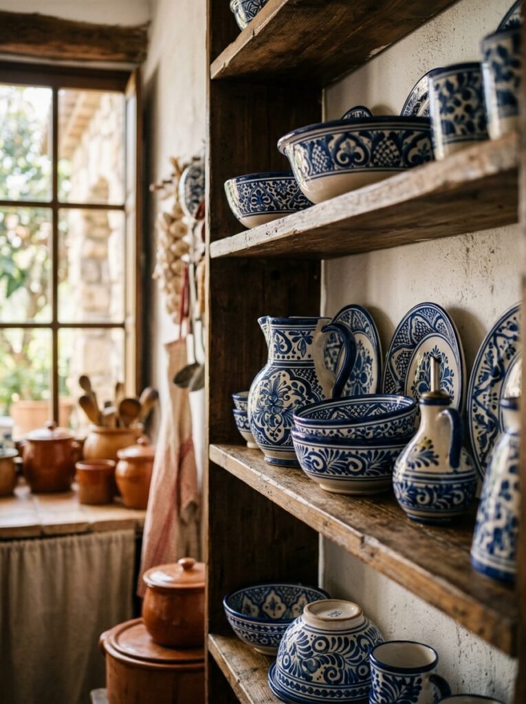 Talavera style ceramics on open wood shelving