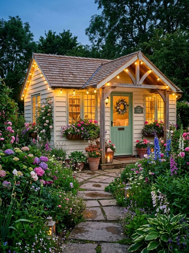15 Dreamy She Shed Ideas For Your Own Backyard Escape charming she shed at dusk