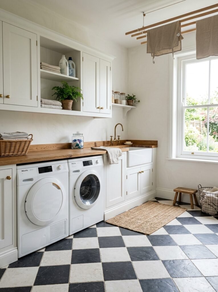 Black and white checkerboard tile in a farmhouse laundry room