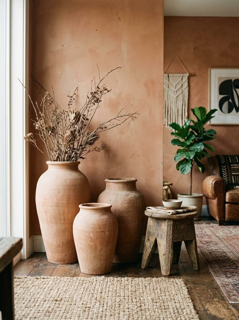 Group of large clay vessels in the corner of an afrohemian living room