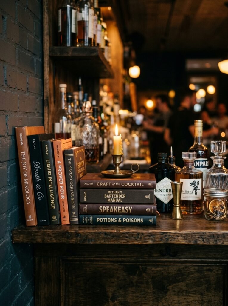 cocktail recipe books on shelf 