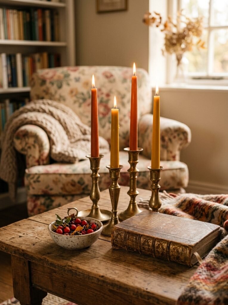 Vintage brass candlesticks with rust tapers and a leather book on a cottage coffee table