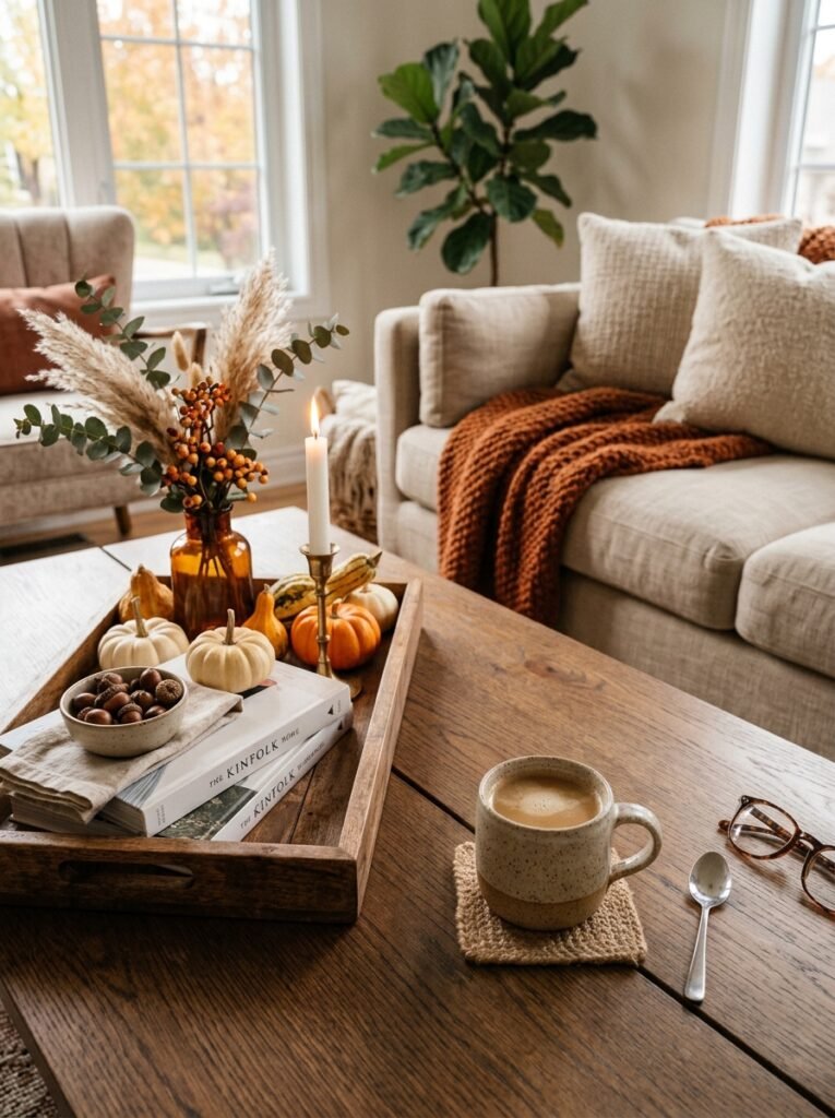 Half-styled coffee table with fall tray and open space for use