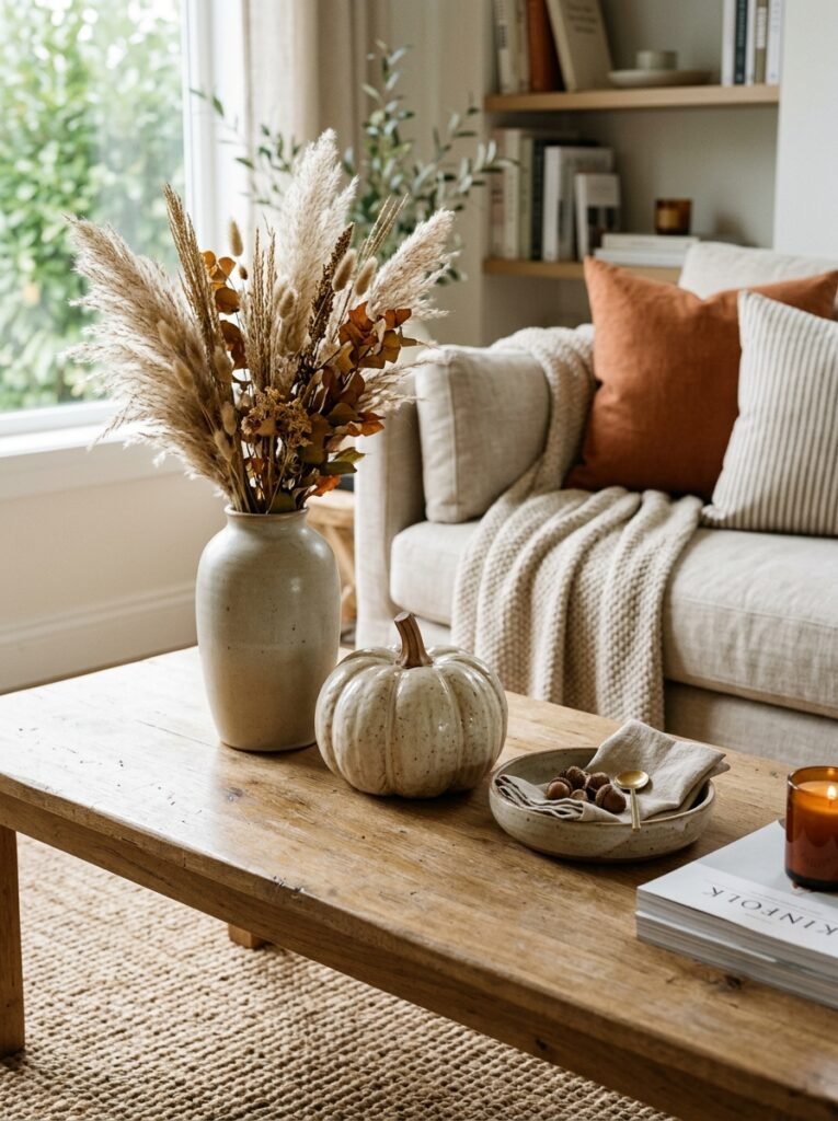 Coffee table styled with vase, pumpkin and dish in a group of three