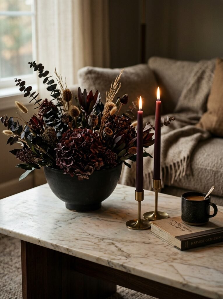 Moody fall coffee table with dark bowl and plum candles