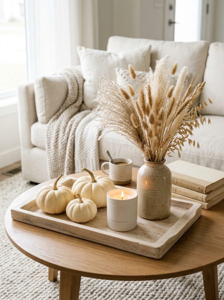 Neutral fall coffee table with cream pumpkins and dried grasses