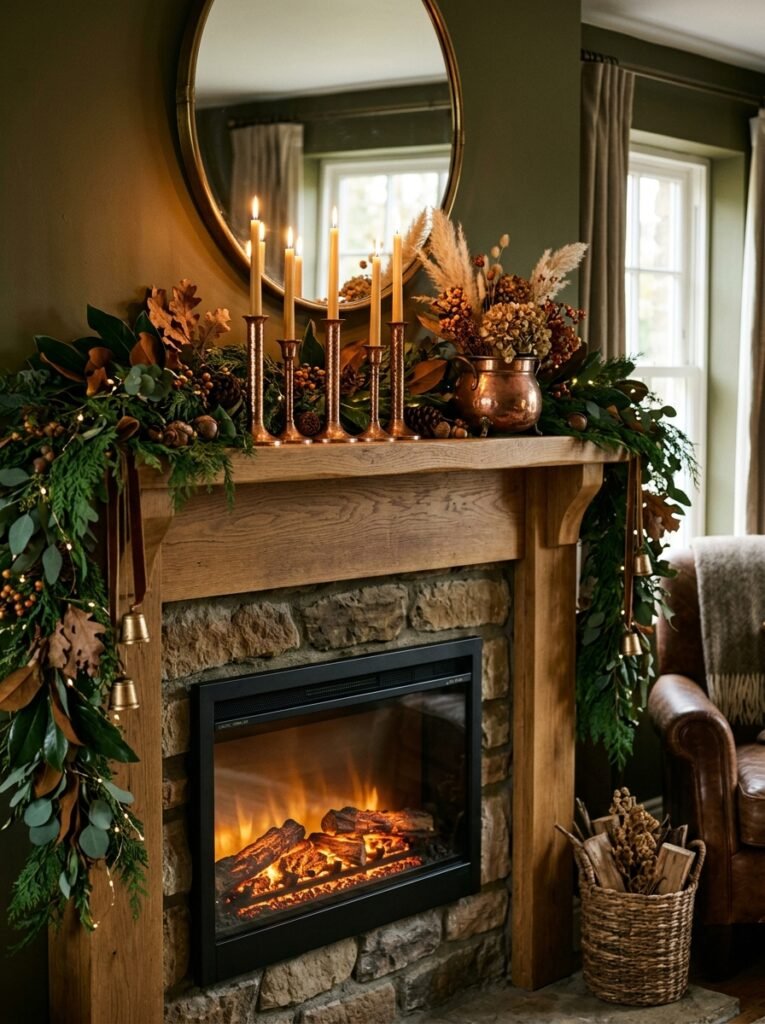 copper accents on fall mantel 