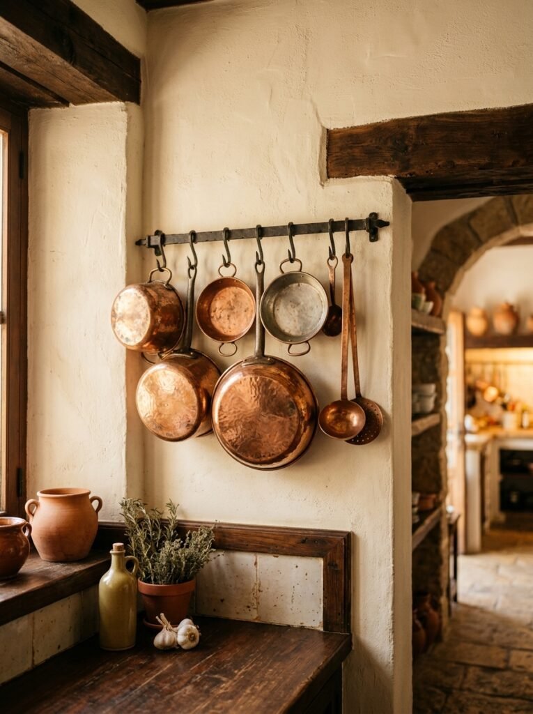 Hanging copper cookware in a Spanish style kitchen