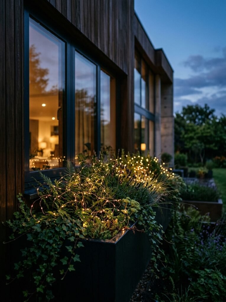 Warm outdoor fairy lights woven through trailing fall window box vines for a magical evening curb appeal glow.