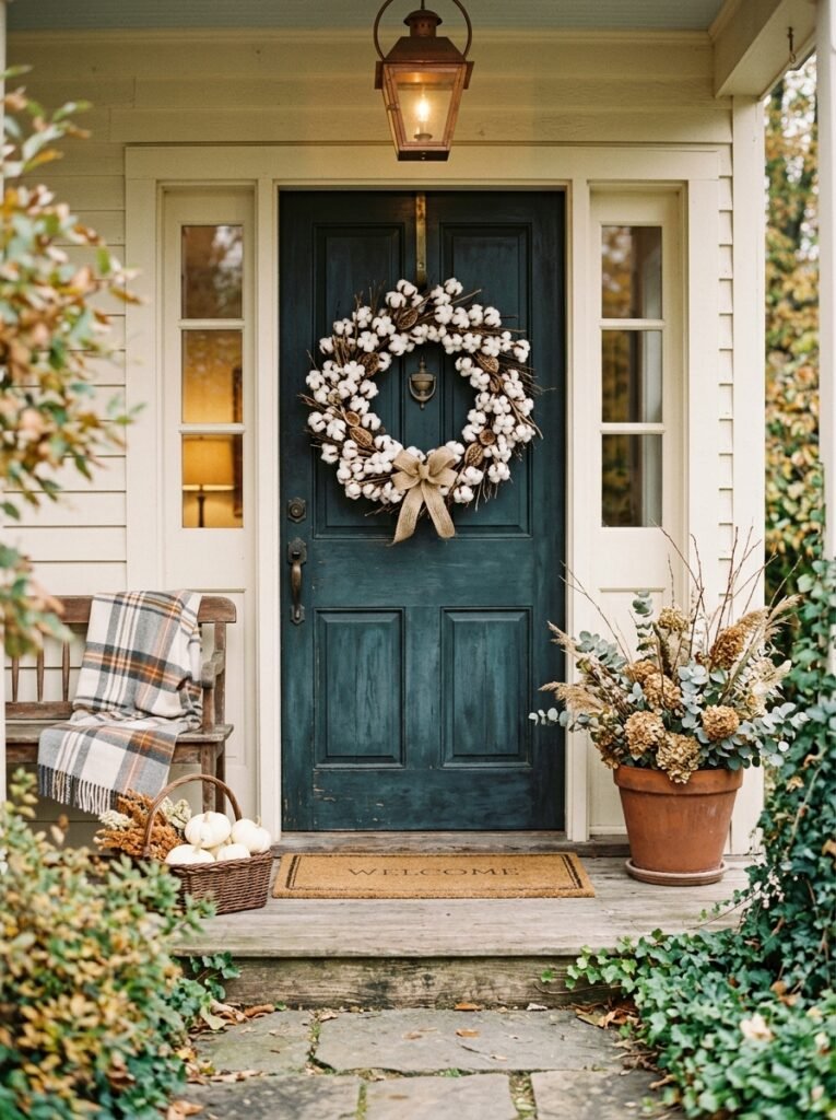 cotton boll wreath on door 