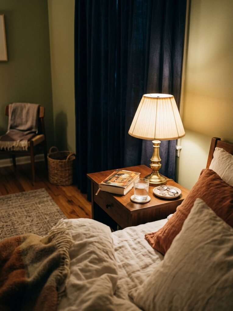 cozy guest bedroom at night 