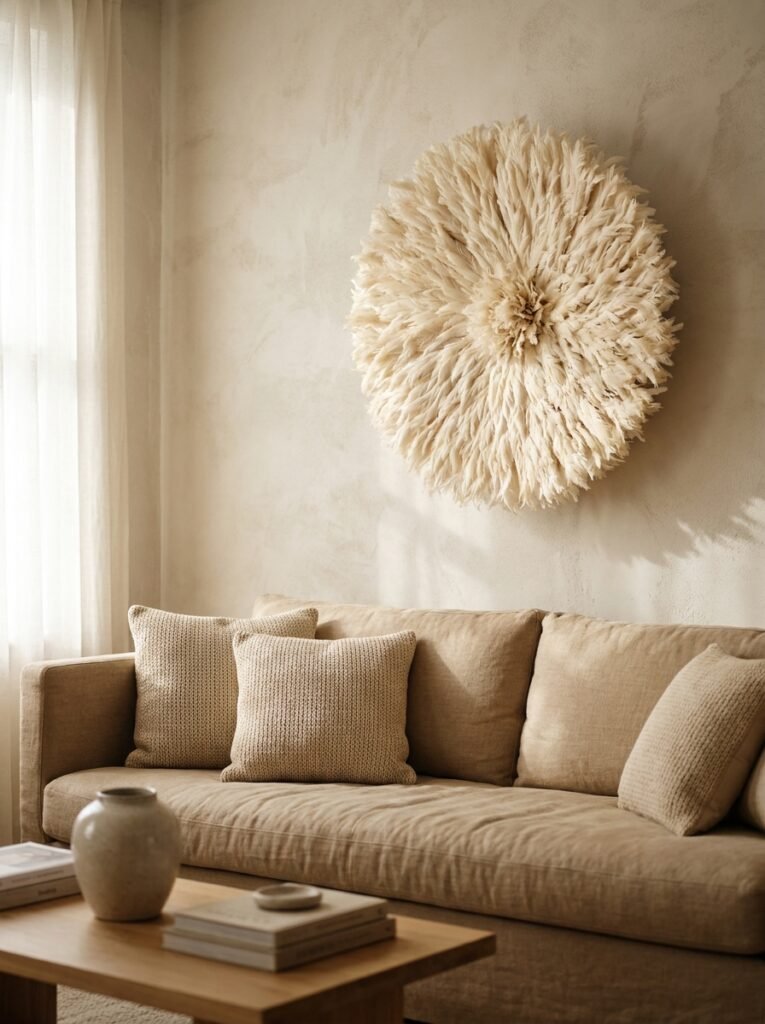 Cream feathered Juju hat hanging above a sofa