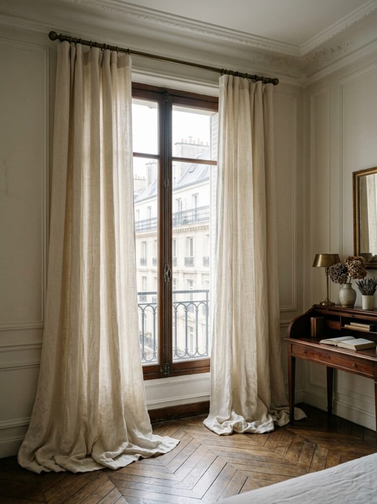 Floor-length cream linen curtains pooling at the floor