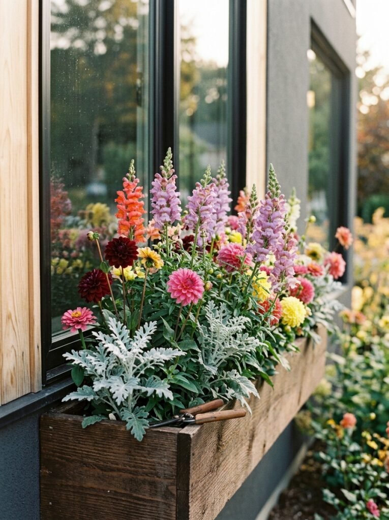 Functional autumn window garden box filled with cut flowers like dahlias and snapdragons