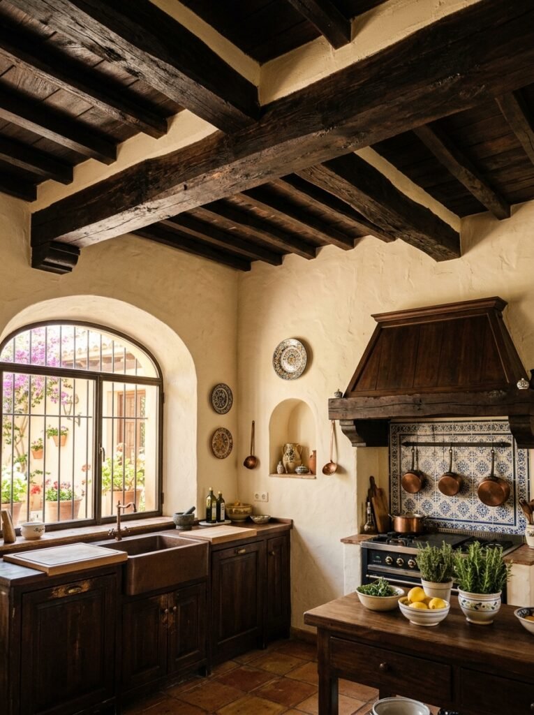Dark wood ceiling beams in a Spanish style kitchen