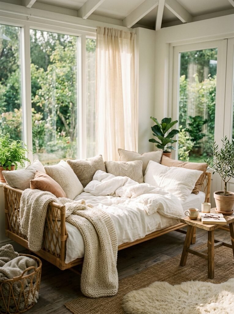 daybed in bright sunroom 