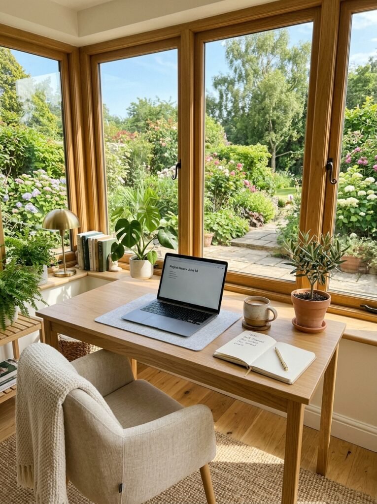 desk facing sunroom windows 