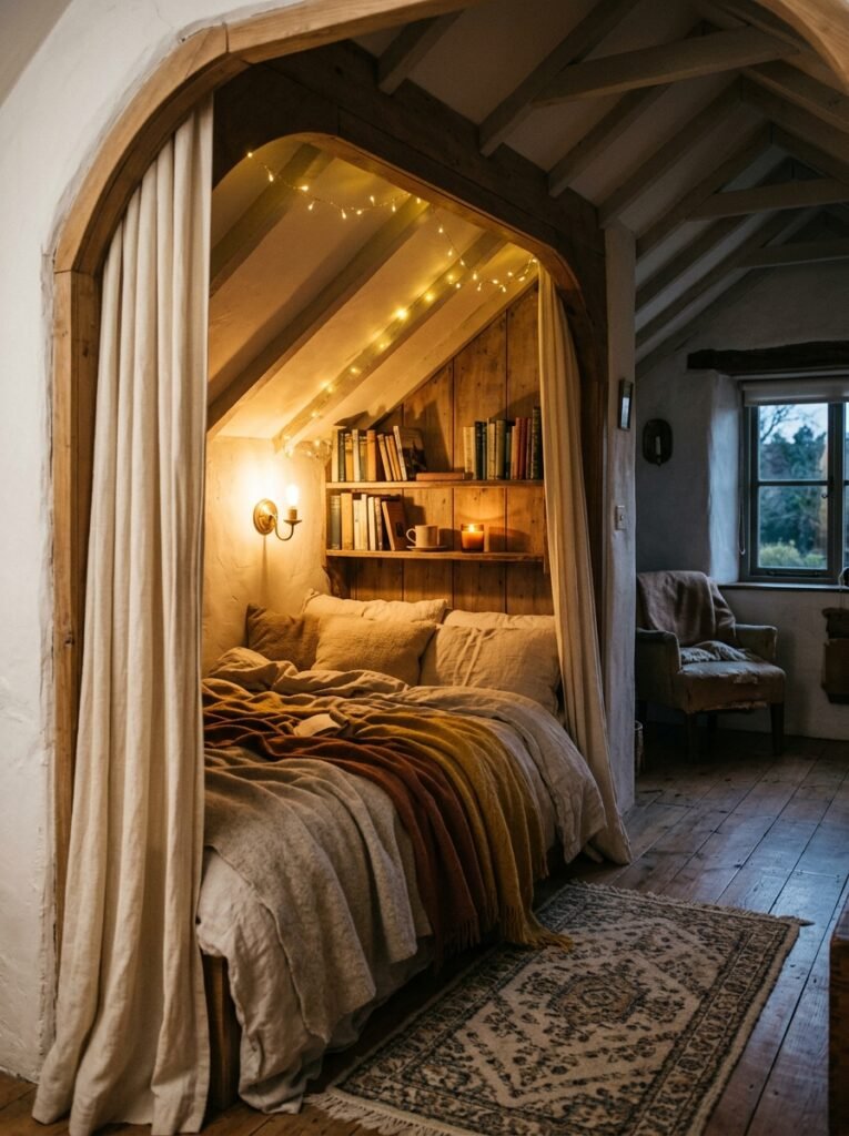 20 Sloped Ceiling Bedroom Ideas That Are Charming dreamy bed nook alcove