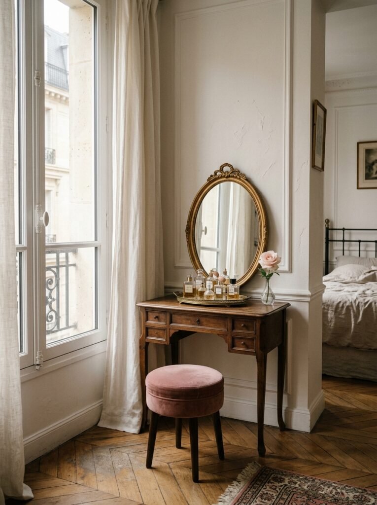 Vintage dressing table with an oval gold mirror in a Parisian bedroom