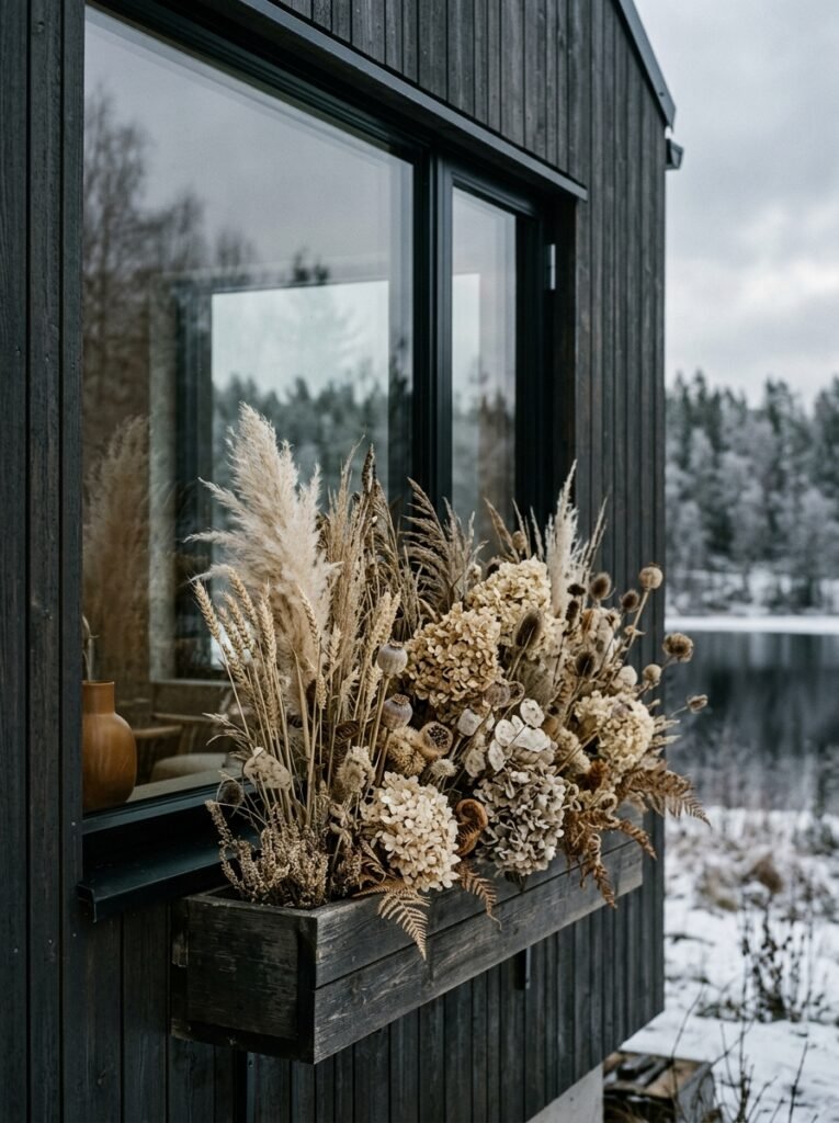 dried autumn window box look styled intentionally with dried brown hydrangea heads, grasses and wheat.