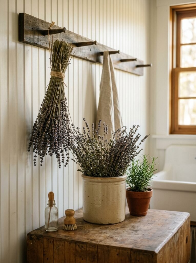 Dried lavender bundle hanging from a peg rail in a farmhouse laundry room