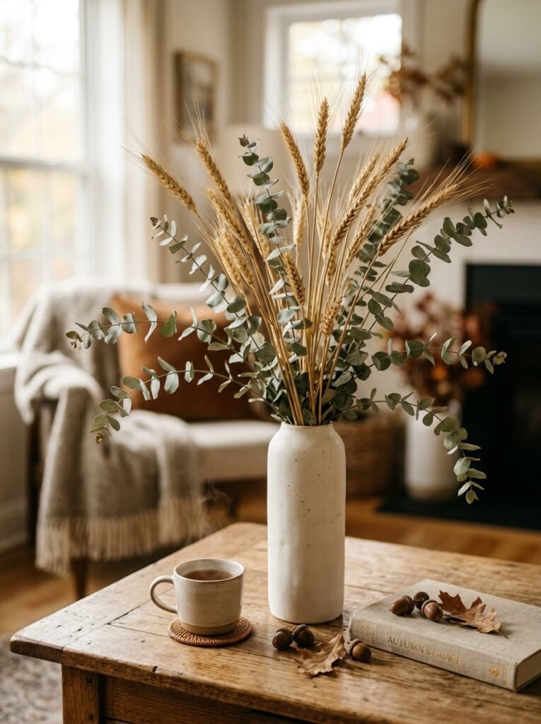 Dried wheat and eucalyptus stems in a vase on a fall coffee table