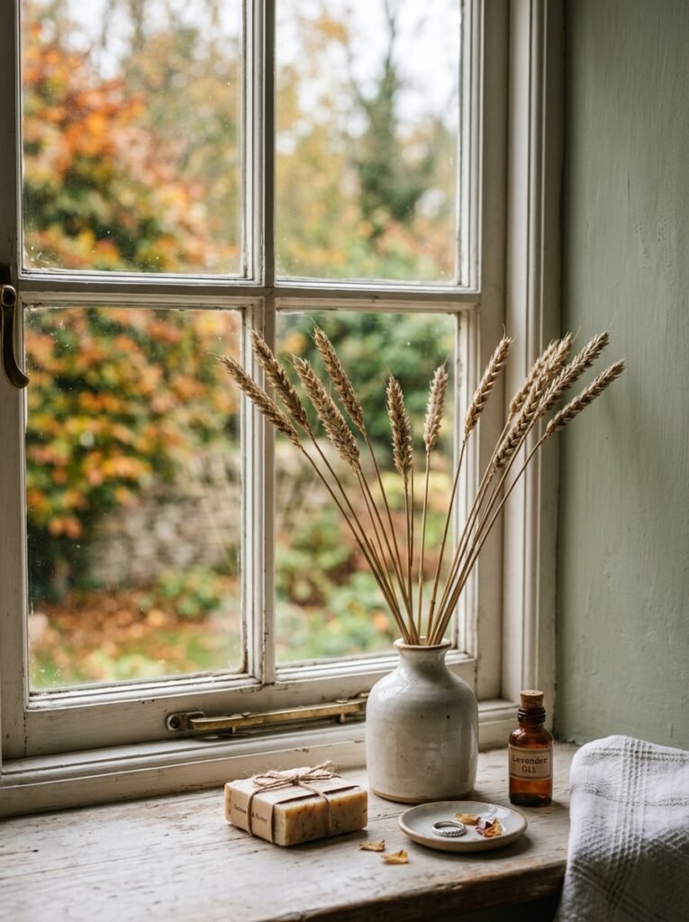 Dried wheat stems in a bud vase on a windowsill