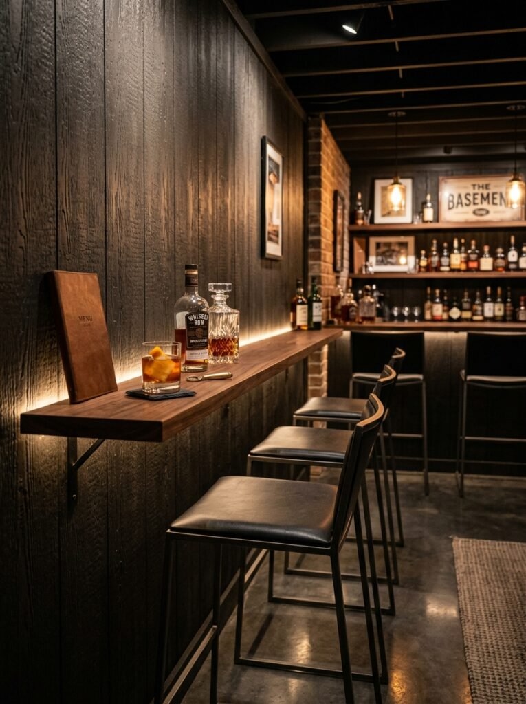Narrow drink rail shelf along a basement wall
