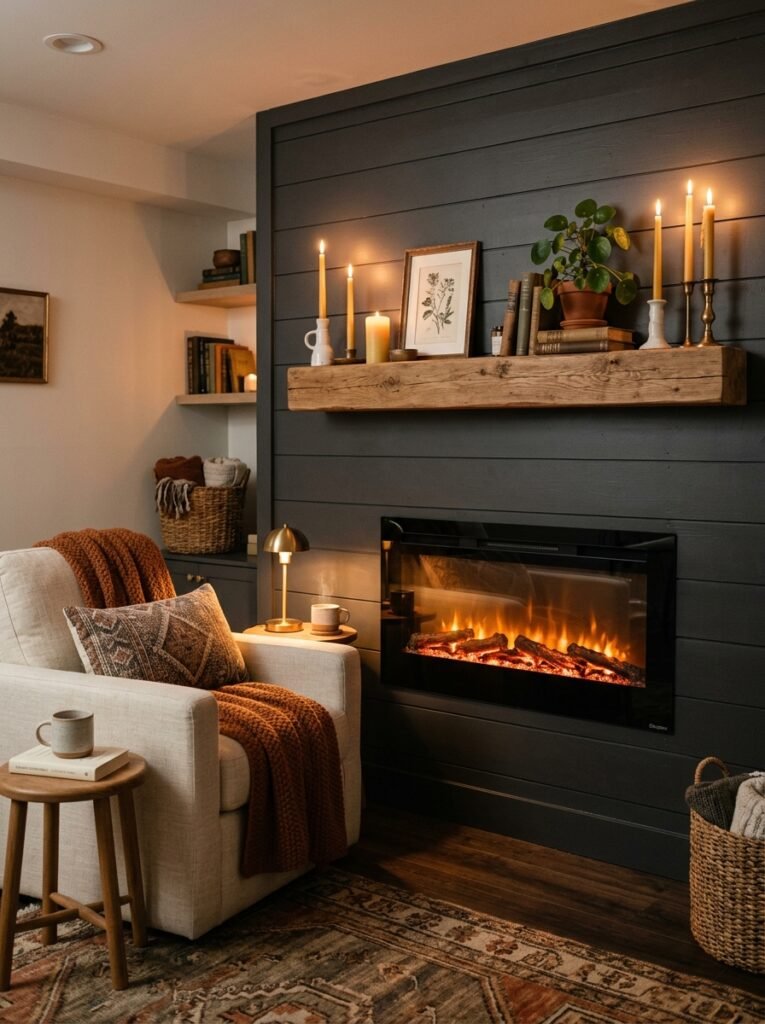 electric fireplace glowing in basement