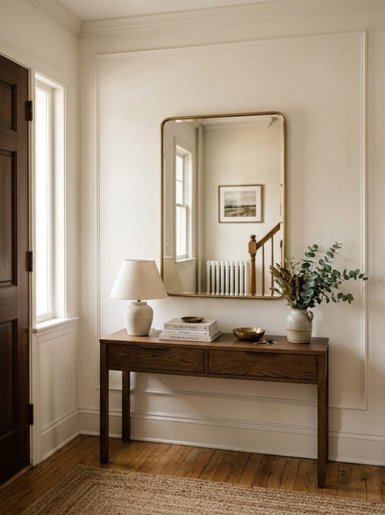 Entryway mirror hung close above a console table