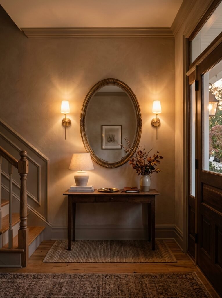 Entryway mirror flanked by two wall sconces