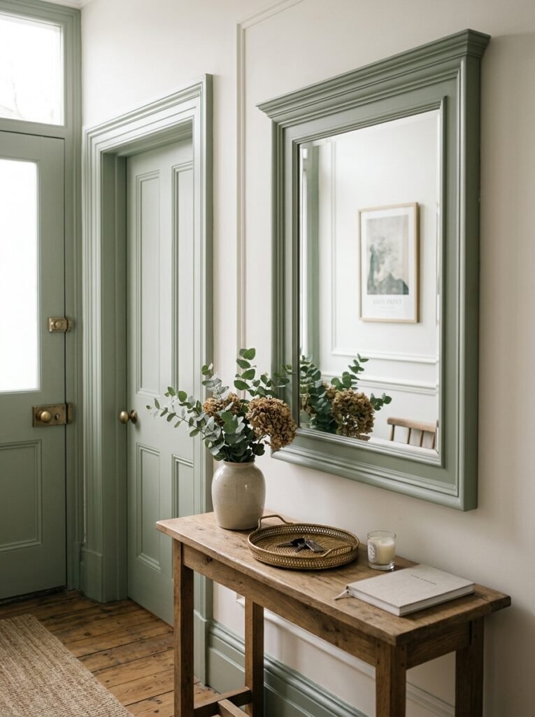 Entryway mirror with a frame matching the door trim